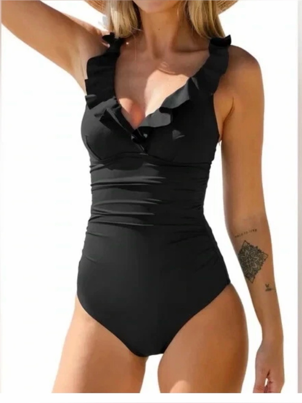 Cupshe Black Ruffle V-Neck One-Piece Swimsuit